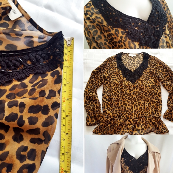 Jones🌾New York Leopard Print Sheer Top| Embellished Neckline - Picture 6 of 7